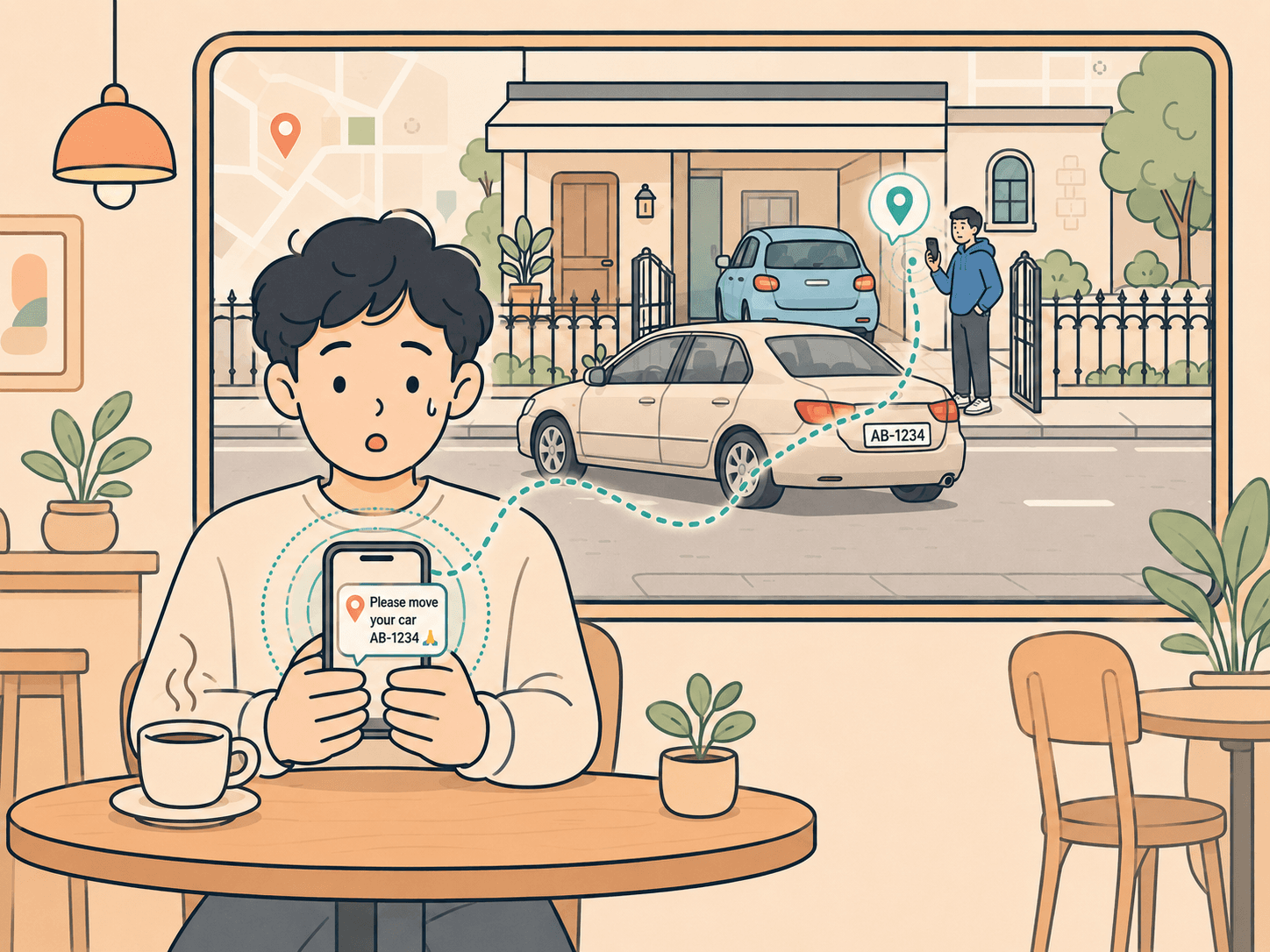 Multiple bubbles on a city map — traffic alert, café recommendation, business promo, help request