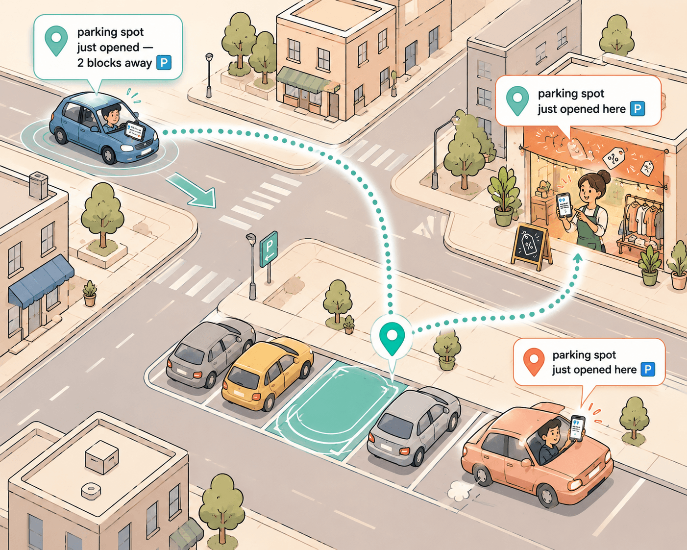 Multiple bubbles on a city map — traffic alert, café recommendation, business promo, help request