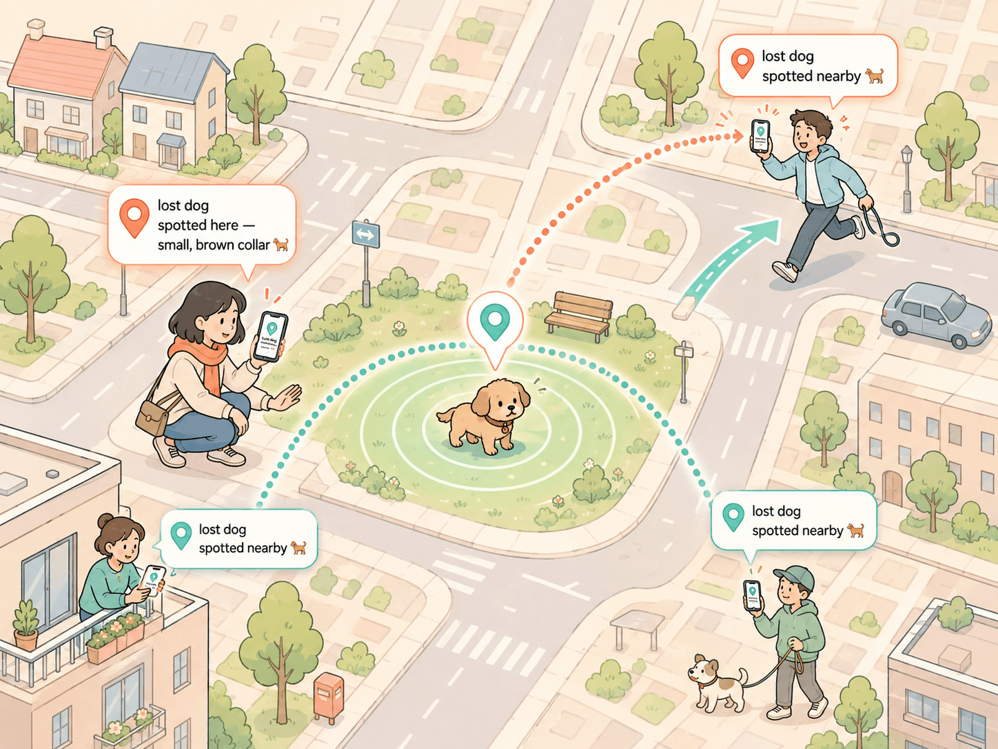 Multiple bubbles on a city map — traffic alert, café recommendation, business promo, help request