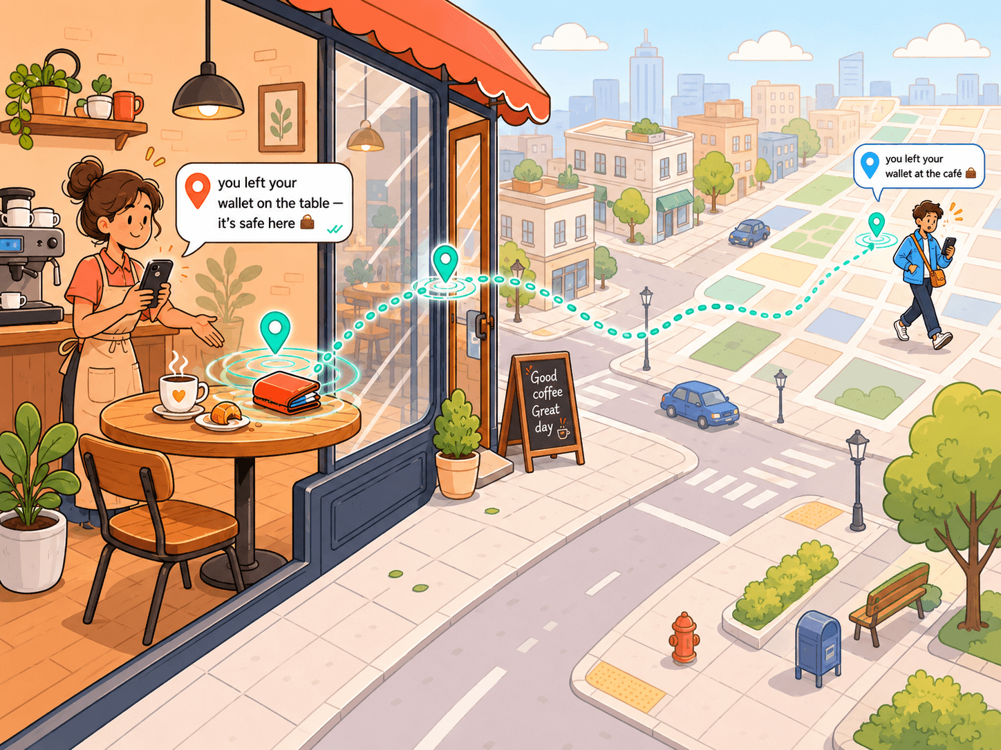 Multiple bubbles on a city map — traffic alert, café recommendation, business promo, help request